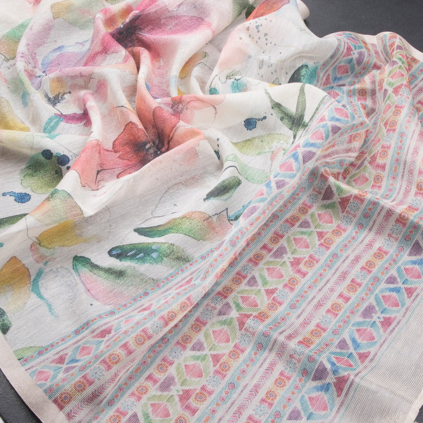 Raw Silk Cream Floral Printed Saree With Ribbon Border 07 - Kumaran Silks