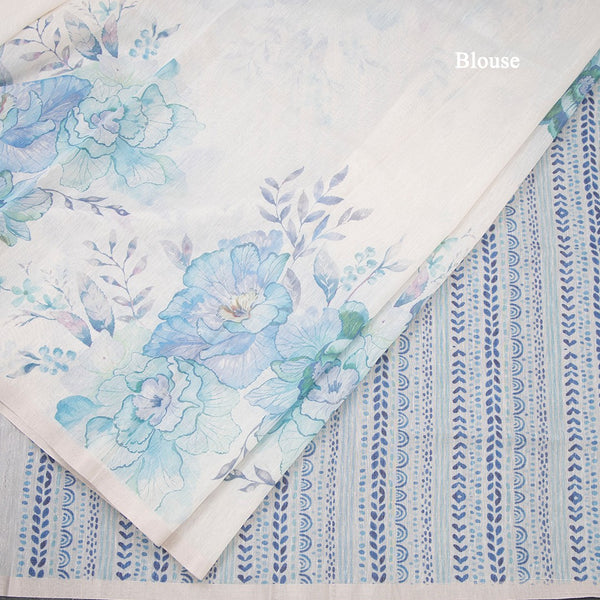 Raw Silk Cream Floral Printed Saree With Ribbon Border 05