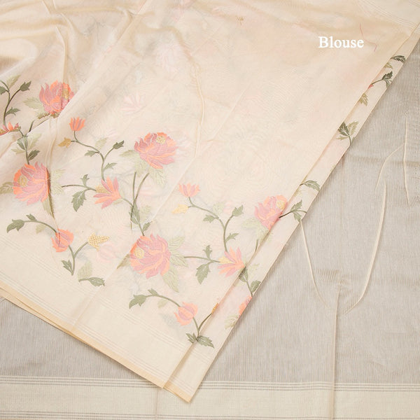 Linen Sandal Floral Embroidered Saree And Zari Border