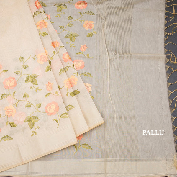 Linen Sandal Floral Embroidered Saree And Zari Border 02