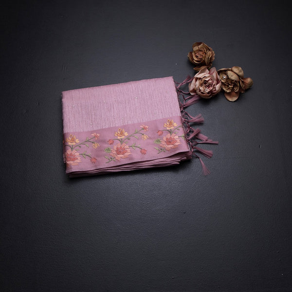 Tussar Onion Pink Saree With Stone Buttas And Thread Border