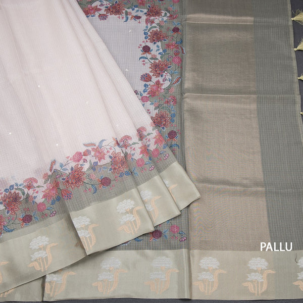 Kota Cream Saree With Mirror Buttas On The body And Zari Border