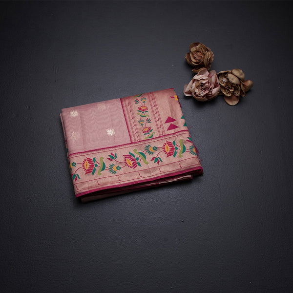 Tissue Light Peach Stripes Saree With Zari Buttas And Banaras Border