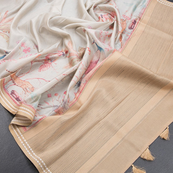 Raw Silk Cream Printed Saree With Forest Design - Kumaran Silks