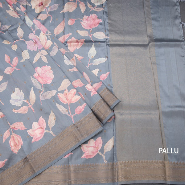 Raw Silk Grey Floral Printed Saree And Zari Border