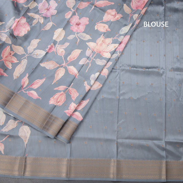 Raw Silk Grey Floral Printed Saree And Zari Border