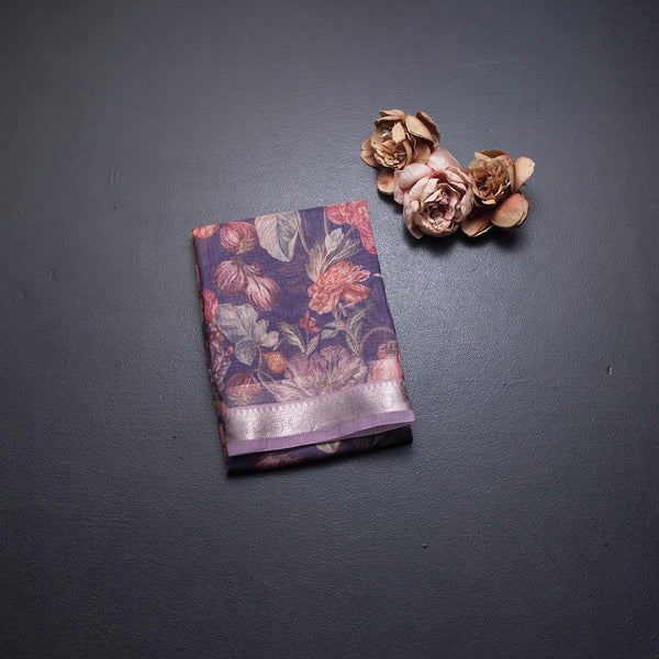 Kota Purple Floral Printed Saree And Zari Border