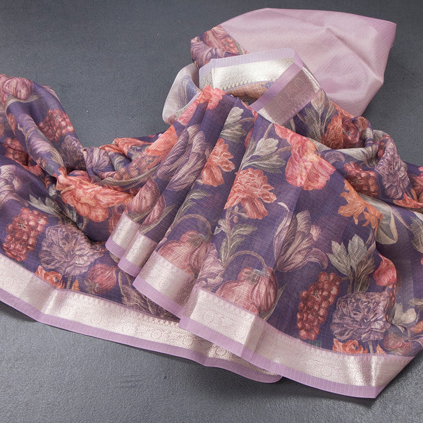 Kota Purple Floral Printed Saree And Zari Border