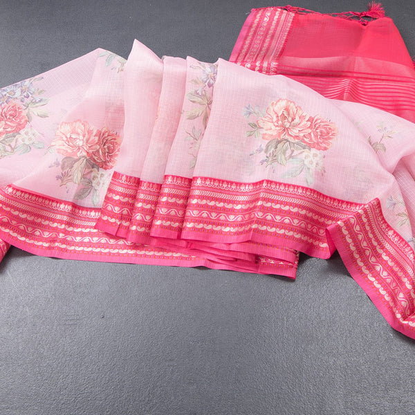 Kota Rose Pink Floral Printed Saree And Zari Border