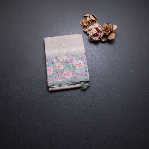 Tussar Light Brown Saree With Thread Buttas And Printed Border