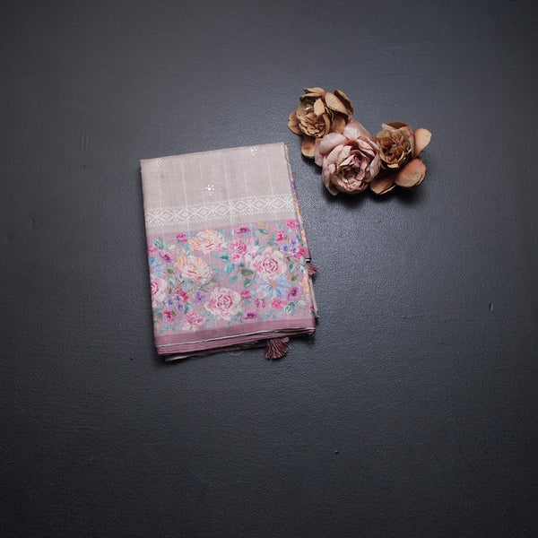Tussar Light Brown Saree With Thread Buttas And Printed Border 02