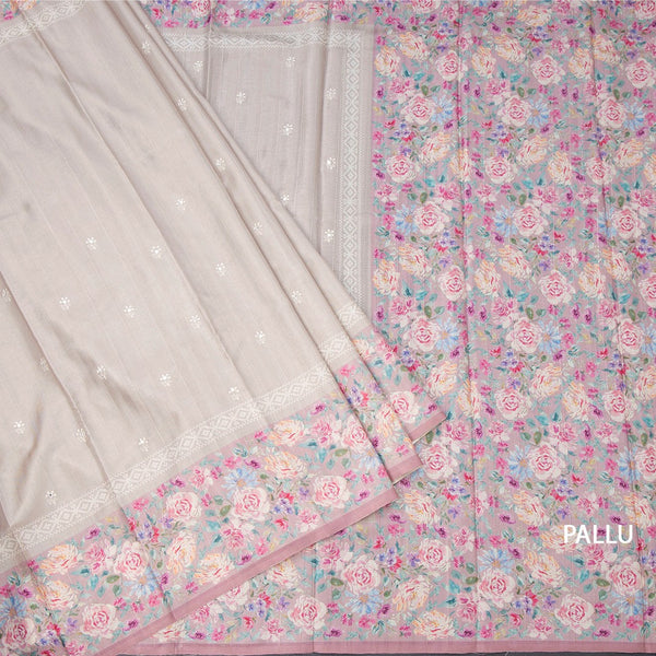 Tussar Light Brown Saree With Thread Buttas And Printed Border 02