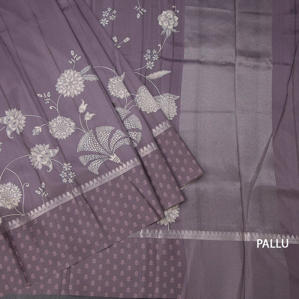 Raw Silk Wine Colour Floral Printed Saree 02