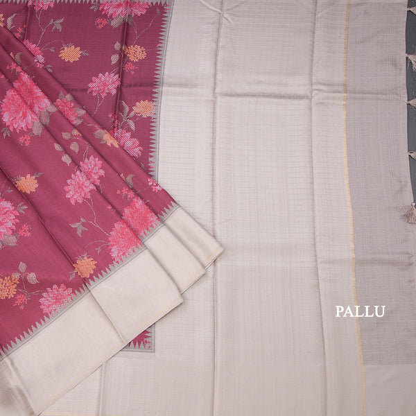 Tussar Wine Floral Printed Saree And Zari Checks Border