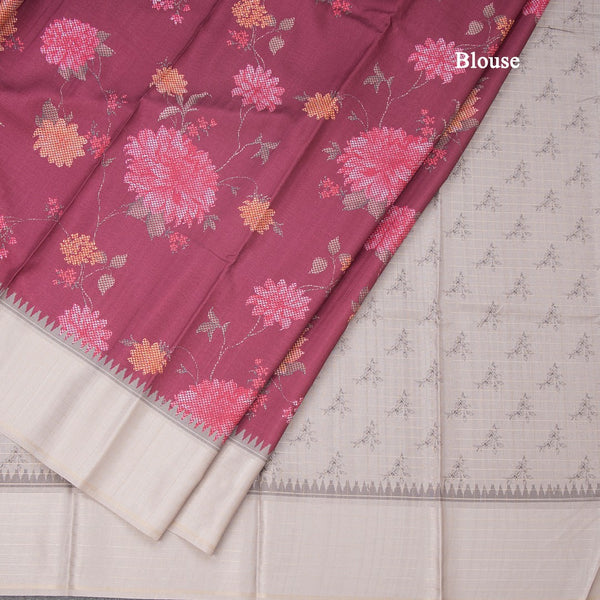 Tussar Wine Floral Printed Saree And Zari Checks Border