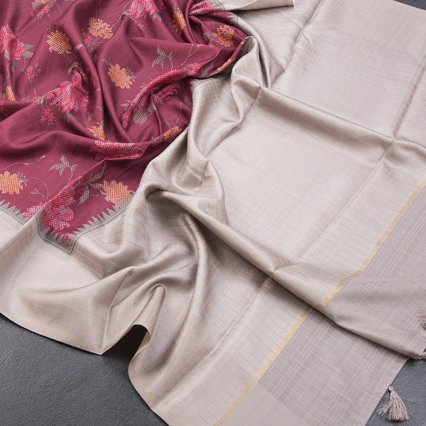 Tussar Wine Floral Printed Saree And Zari Checks Border - Kumaran Silks