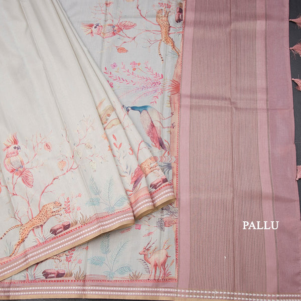 Raw Silk Cream Printed Saree With Forest Design 02
