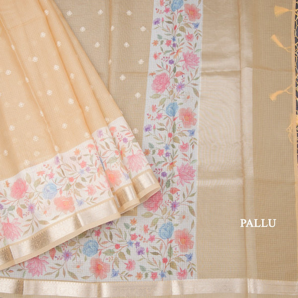 Kota Sandal Saree With Thread Buttas And Printed With Zari Border