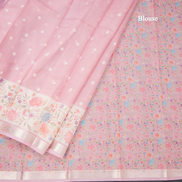 Kota Rose Pink Saree With Thread Buttas And Printed With Zari Border