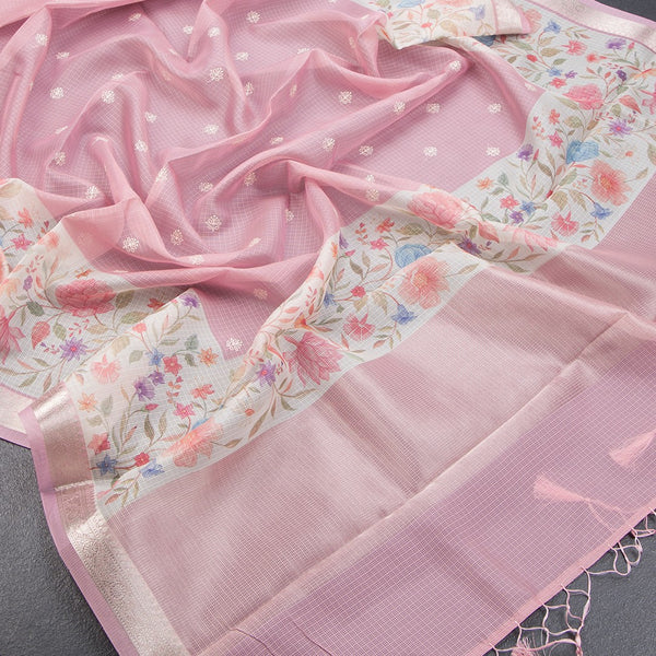 Kota Rose Pink Saree With Thread Buttas And Printed With Zari Border