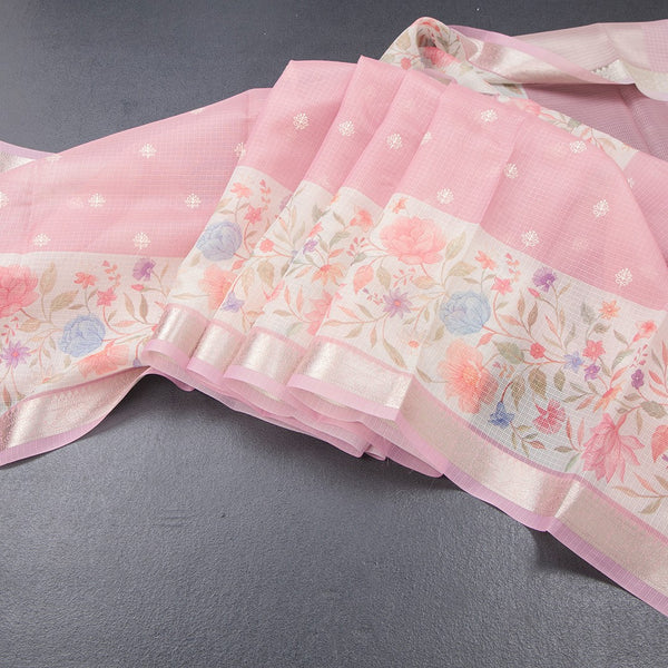 Kota Rose Pink Saree With Thread Buttas And Printed With Zari Border