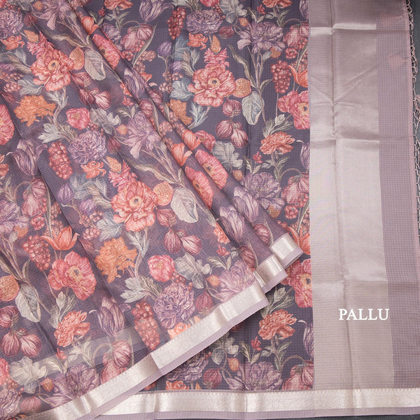 Kota Dark Brown Floral Printed Saree And Zari Border