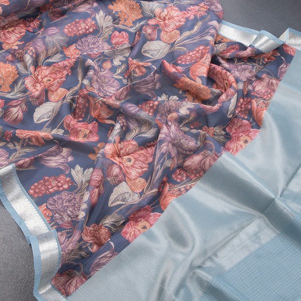 Kota Dark Grey Floral Printed Saree And Zari Border - Kumaran Silks