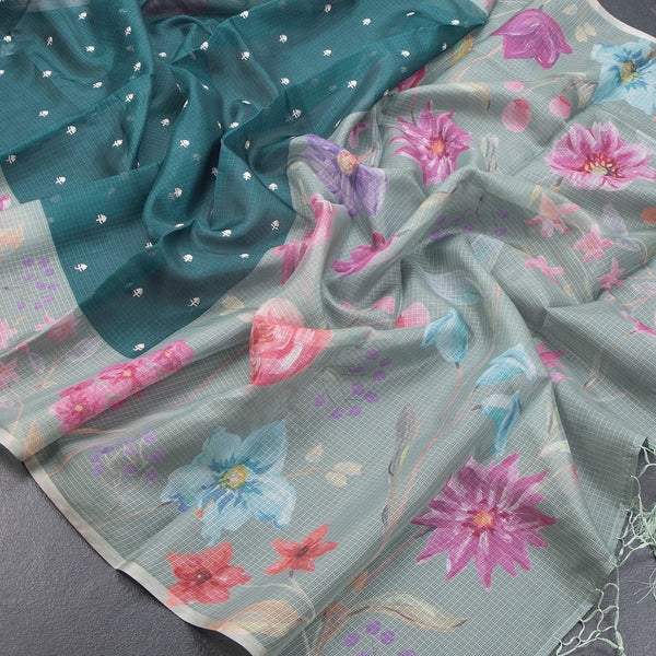 Kota Dark Green Saree With Thread Buttas And Printed Border - Kumaran Silks