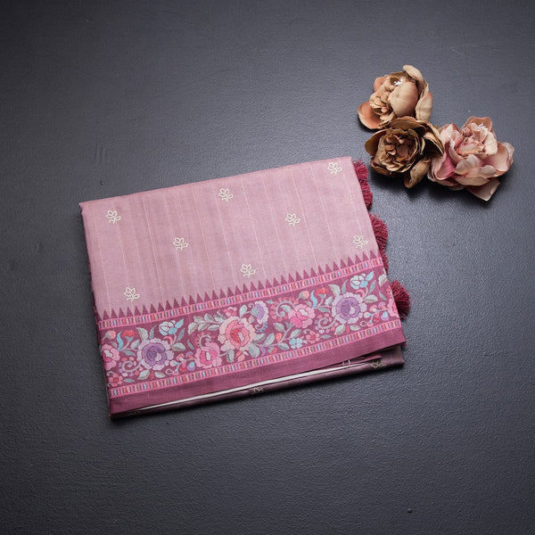 Raw Silk Peach Saree With Thread Buttas And Printed Border