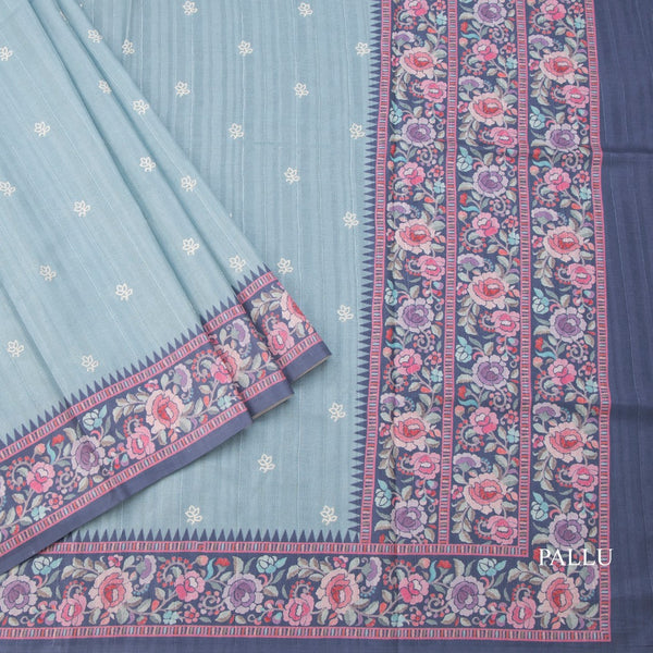 Raw Silk Powder Blue Saree With Thread Buttas And Printed Border