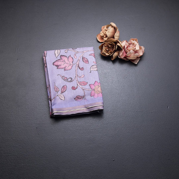 Semi Raw Silk Lavender Printed Saree With Floral Creeper Design