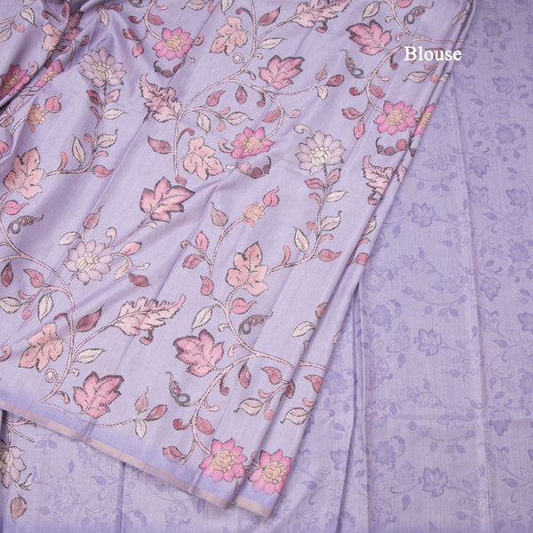 Semi Raw Silk Lavender Printed Saree With Floral Creeper Design