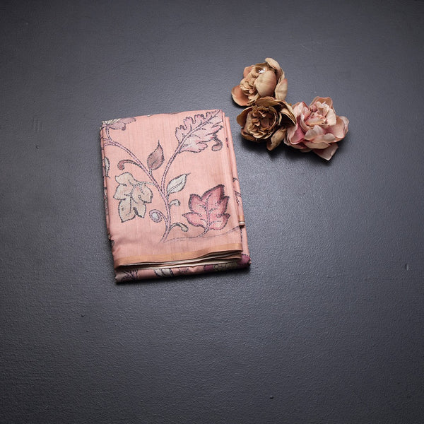 Semi Raw Silk Peach Printed Saree With Floral Creeper Design