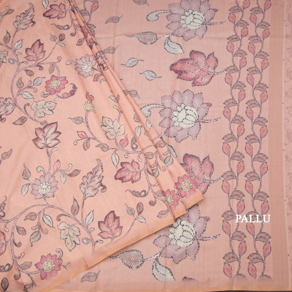 Semi Raw Silk Peach Printed Saree With Floral Creeper Design