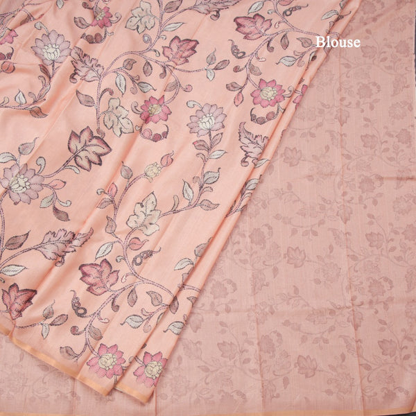 Semi Raw Silk Peach Printed Saree With Floral Creeper Design