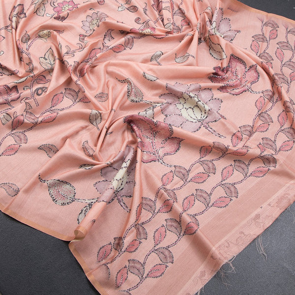Semi Raw Silk Peach Printed Saree With Floral Creeper Design