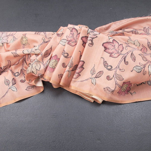 Semi Raw Silk Peach Printed Saree With Floral Creeper Design