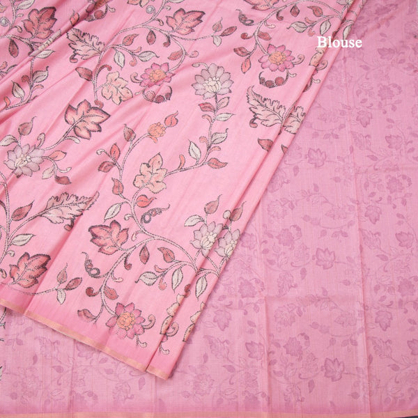 Semi Raw Silk Rose Pink Printed Saree With Floral Creeper Design