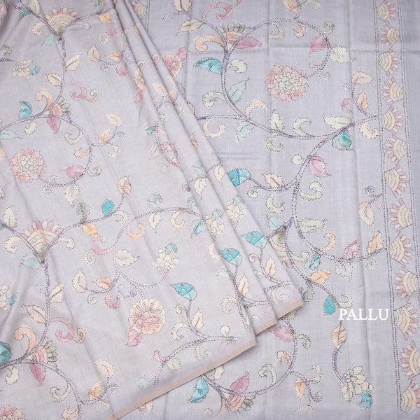 Semi Raw Silk Grey Printed Saree With Floral Creeper Design