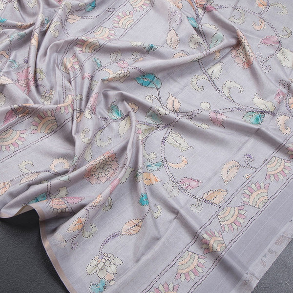 Semi Raw Silk Grey Printed Saree With Floral Creeper Design - Kumaran Silks