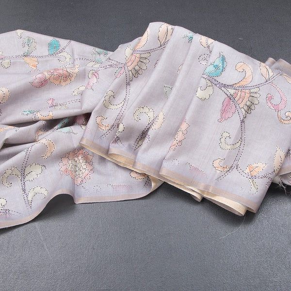 Semi Raw Silk Grey Printed Saree With Floral Creeper Design