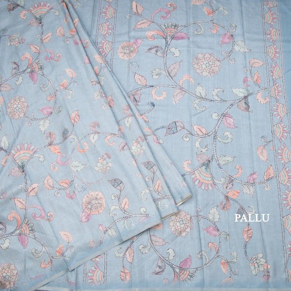 Semi Raw Silk Powder Blue Printed Saree With Floral Creeper Design