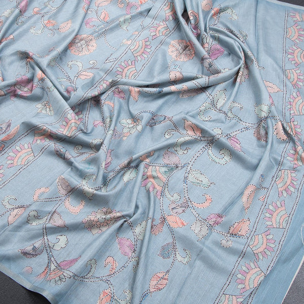 Semi Raw Silk Powder Blue Printed Saree With Floral Creeper Design - Kumaran Silks