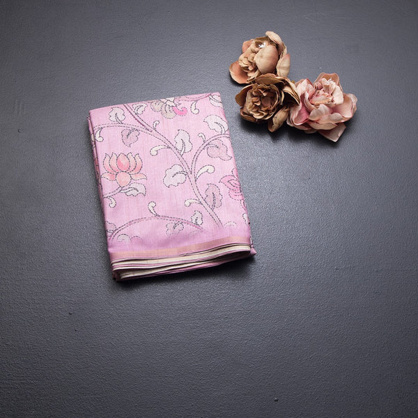 Semi Raw Silk Onion Pink Printed Saree With Floral Creeper Design