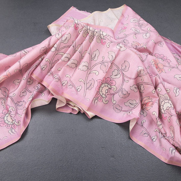 Semi Raw Silk Onion Pink Printed Saree With Floral Creeper Design