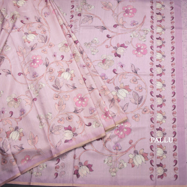 Semi Raw Silk Onion Pink Printed Saree With Floral Creeper Design 02
