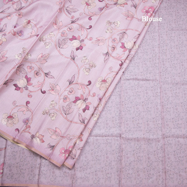 Semi Raw Silk Onion Pink Printed Saree With Floral Creeper Design 02