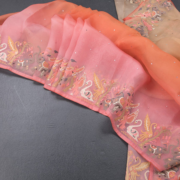 Organza Multi Colour Saree With Mirror Buttas And Thread Border