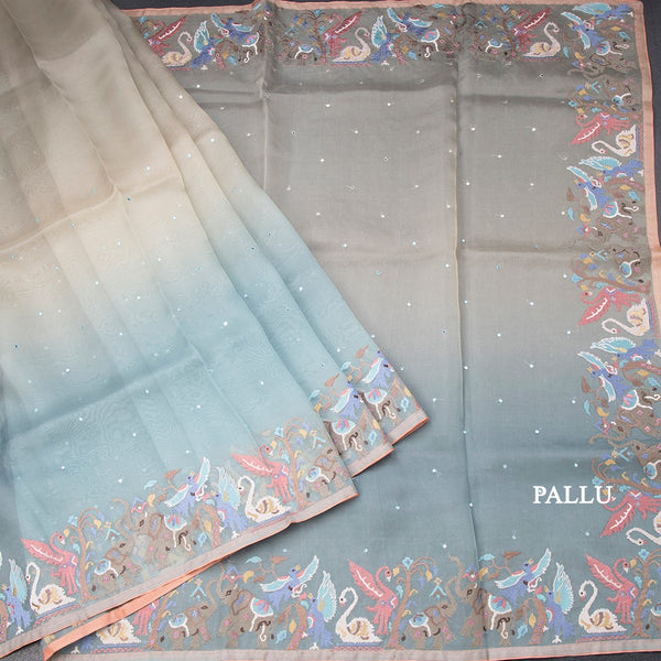 Organza Multi Colour Saree With Mirror Buttas And Thread Border 02