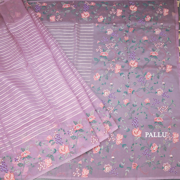 Organza Plum Purple Zari Stripes Saree With Thread Border